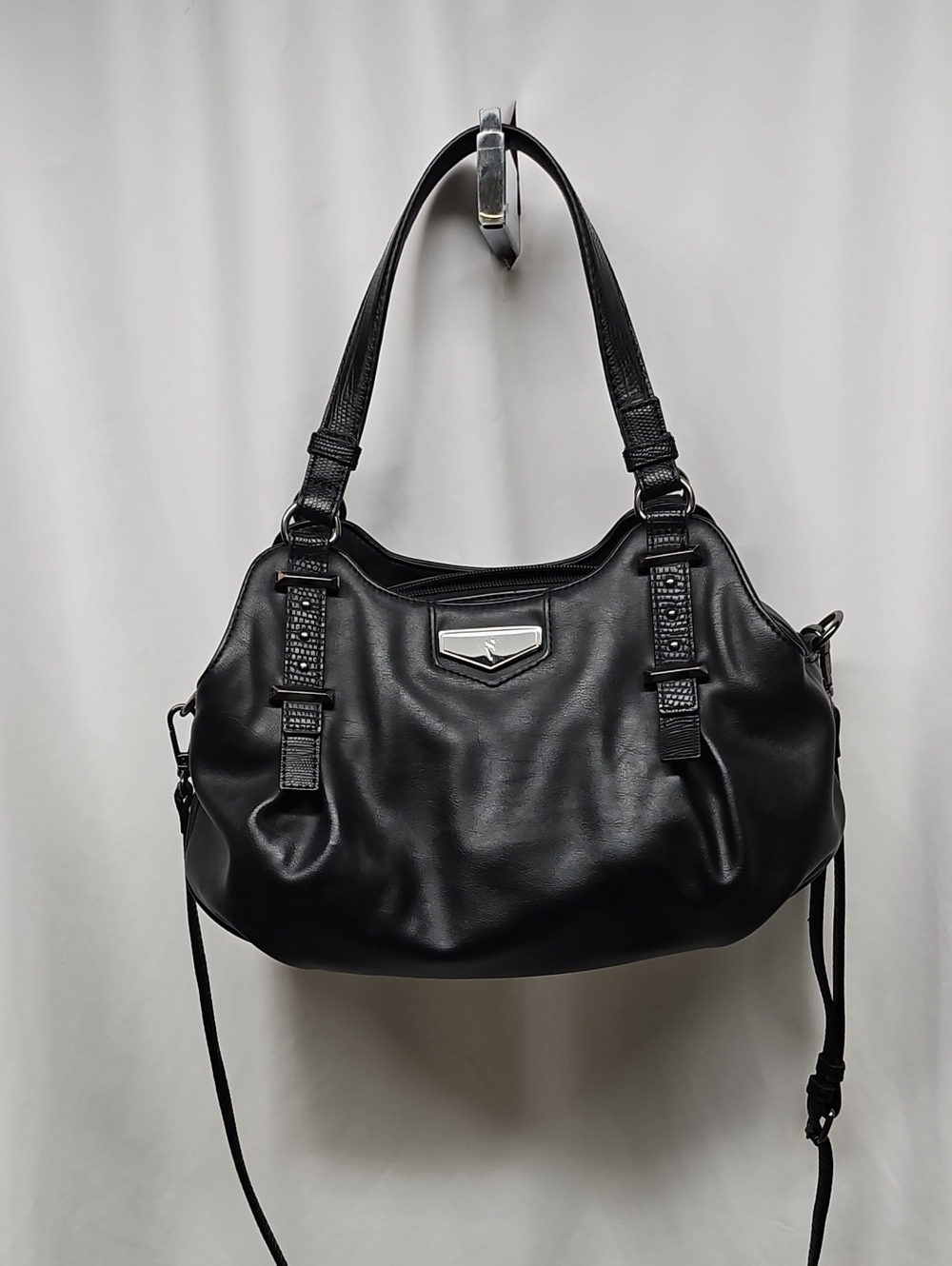 Black Leather Shoulder Bag with Studded Strap Accents